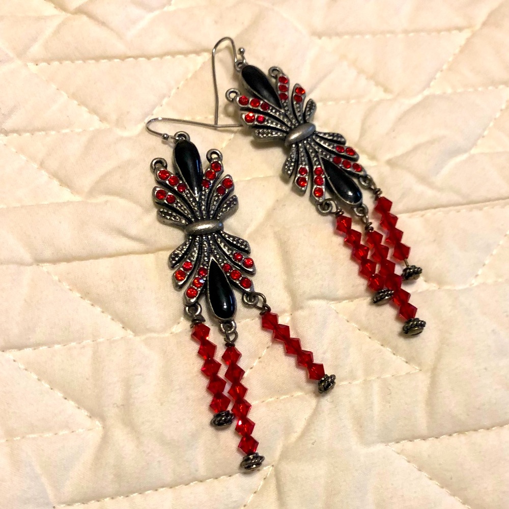 Red and black 3 inch long earrings